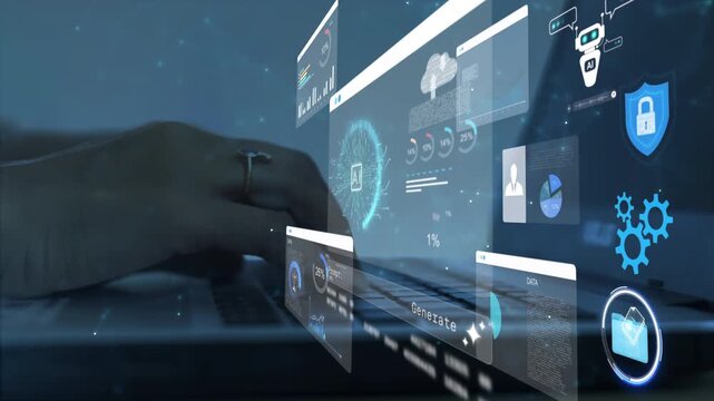 woman analyst uses a computer AI artificial intelligence and dashboard for data business analysis and Data Management System with KPI and metrics connected to the database for technology finance,