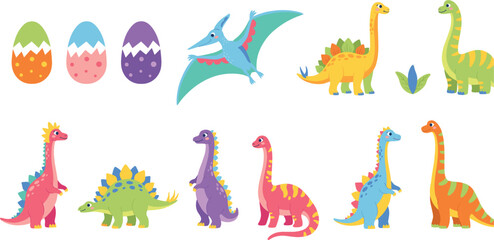 Set of Cute Cartoon Dinosaurs with Colorful Eggs and Flying Pterodactyl Prehistoric Animal Characters Flat Vector Illustration Collection for Kids Design © MdMoymul