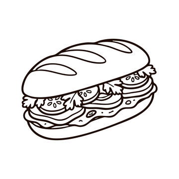 Fresh Vietnamese banh mi baguette sandwich with meat and vegetables hand drawn vector icon illustration for serving delicious traditional Asian street food lunches