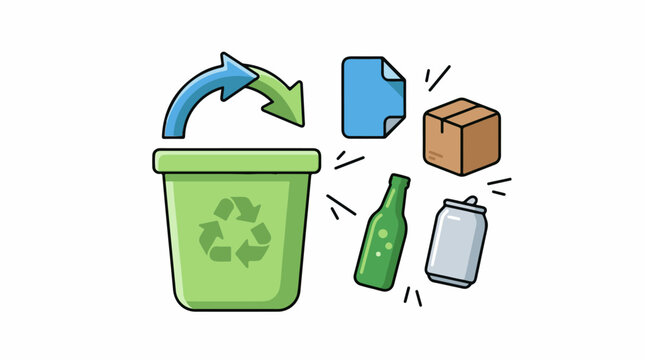 Recycling bin with arrows and recyclable items like a bottle can box and paper