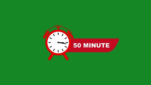 Red alarm clock on green background showing 50 minutes white clock face black hands