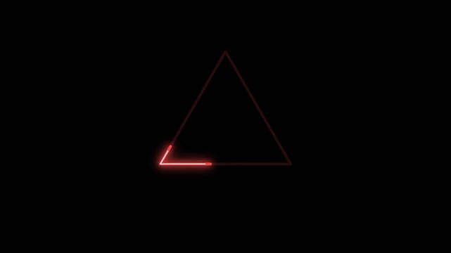 Glowing red neon triangle outlines itself in a continuous loop motion animation against a deep solid black background video