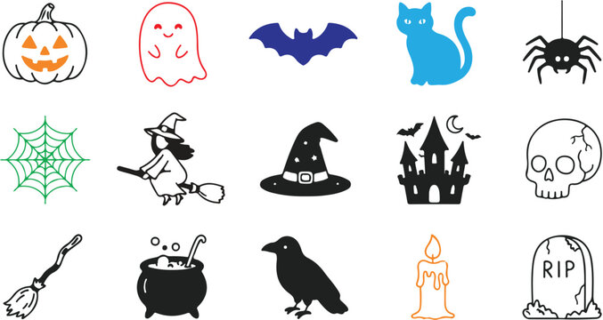 Set of colorful Halloween line art and silhouette elements for seasonal graphic design.