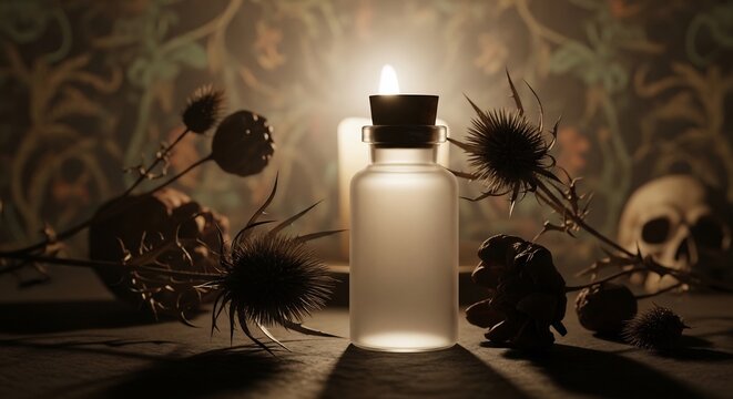 Frosted glass bottle surrounded by dried thistles