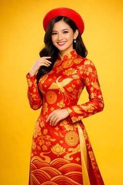 Beautiful vietnamese woman wearing a traditional red ao dai