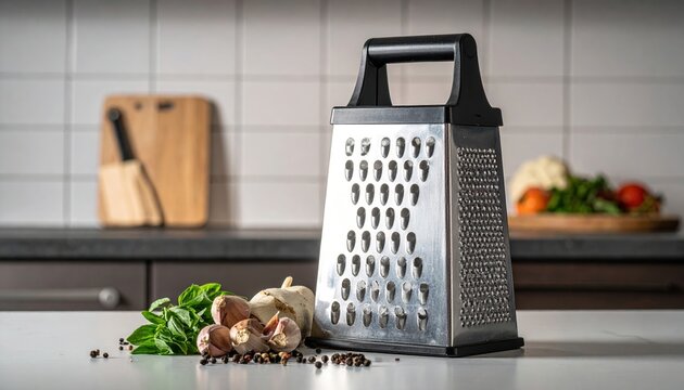 Metal box grater on kitchen counter