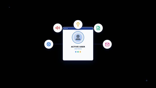 Active user admin profile interface displayed in a clean modern digital motion video animation with vibrant colorful circular icons