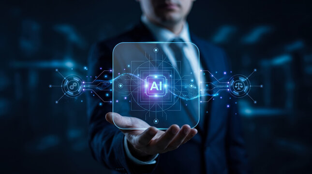 Professional holding holographic AI governance interface with futuristic digital network connections