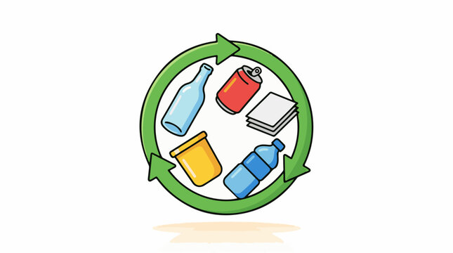 Recycling symbols with assorted recyclable items