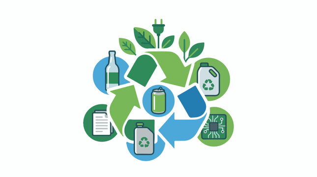 Recycling symbols with assorted waste items and nature
