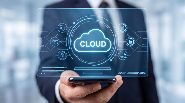 Professional holding holographic cloud computing interface showcasing digital security and data storage solutions