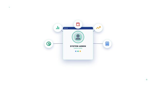 System admin dashboard interface showing financial data analytics and user management icons in this clean minimal motion graphics video animation
