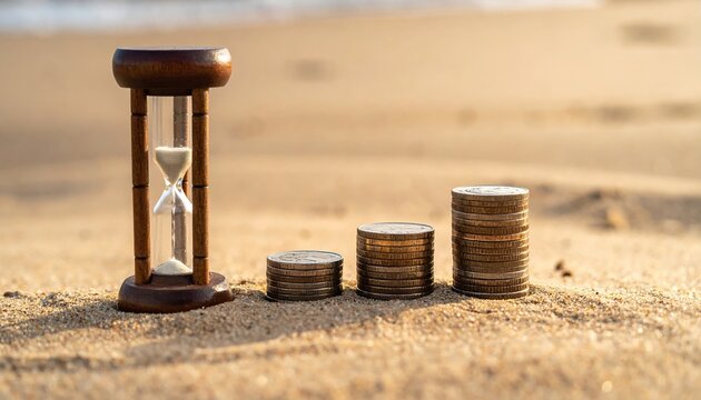Hourglass with sand and stacks of coins on sandy surface symbolizing time and money