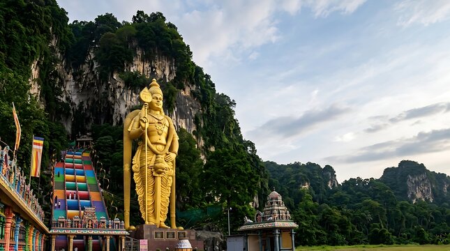 Giant golden deity statue and rainbow stairs at limestone mountain