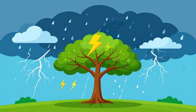 Cartoon storm scene. Tree struck by lightning, heavy rain, dark clouds. Blue and green
