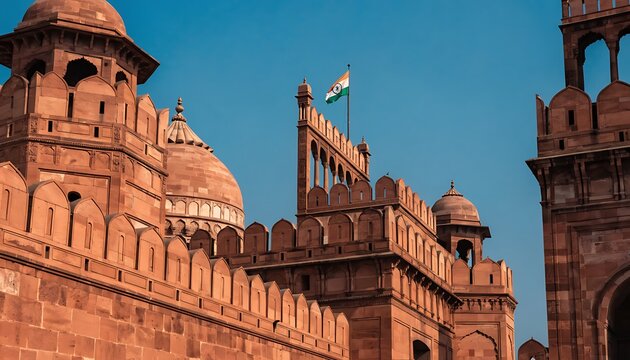 Red fort ancient monument with indian flag in delhi