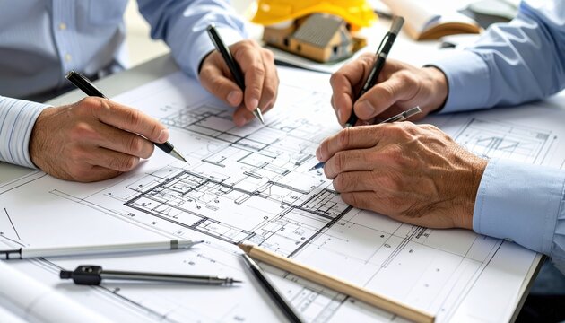 Collaborative architecture meeting featuring floor plans and precision drafting tools