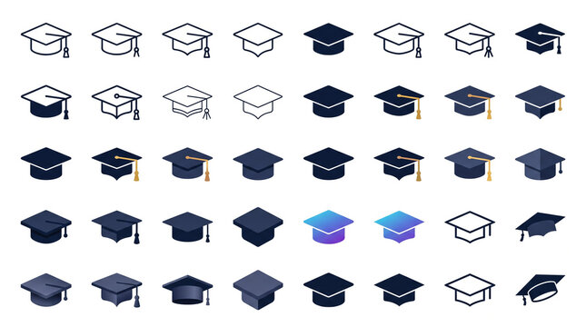 Graduation caps icons set. Various academic hats symbols. Education and learning concept.