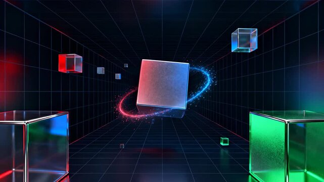 Dynamic network of interconnected digital cubes glowing with energetic light streams against a dark, abstract grid background, representing virtual reality and technological advancement
