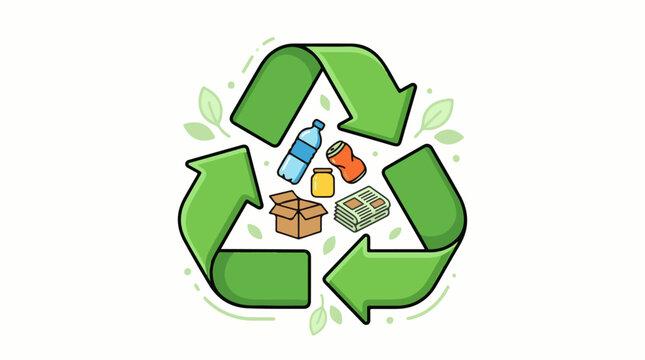 Recycling symbol with various recyclable items inside and leaves