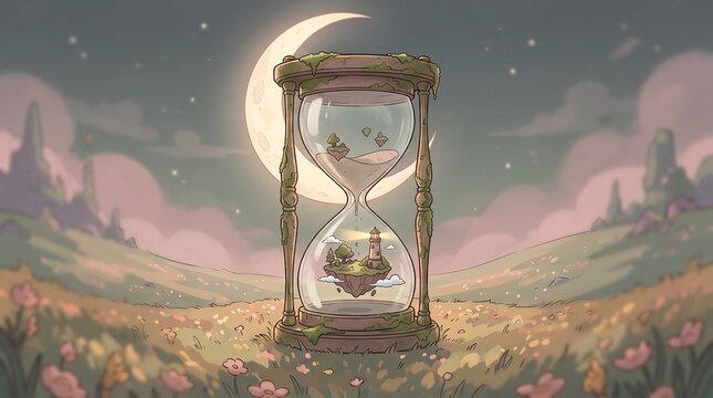 Surreal Hourglass with a Floating Island Inside, Whimsical Fantasy Illustration