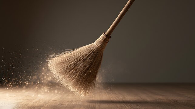 broom sweeping dust on wooden floor, cleaning concept