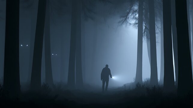 man walking alone in a dark foggy forest with flashlight