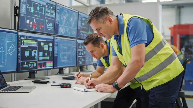 Two male industrial engineers in yellow safety vests writing on a clipboard in a control room with multiple screens showing data charts