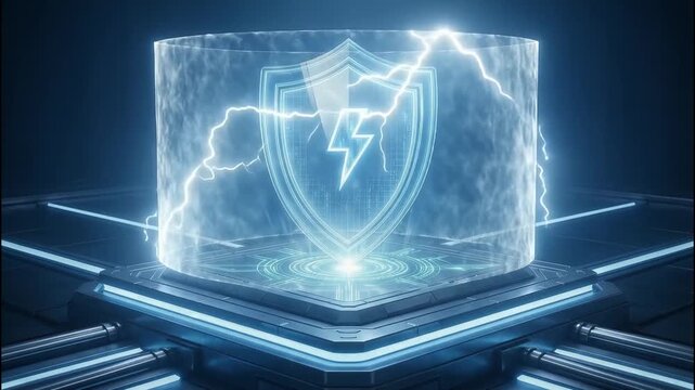 Futuristic digital technology security protection against cyber threats, glowing blue shield radiates power electric energy surge with electrifying