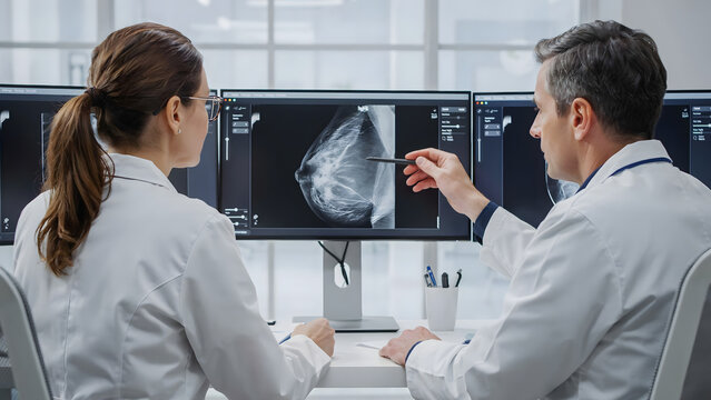 Two medical doctors in white coats reviewing a mammogram x-ray on a computer monitor in a bright hospital diagnostic imaging room