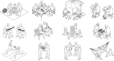 Obraz premium People Leisure Activities Outline Vector Collection with Family Games Music Camping Photography Yoga and Outdoor Recreation