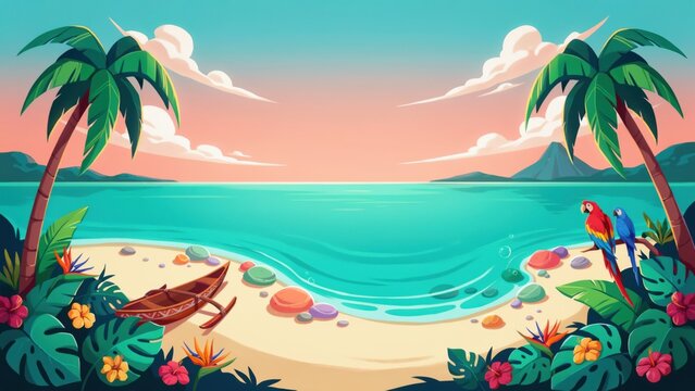 A serene cartoon tropical beach scene at sunset with palm trees and colorful flowers