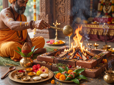 Hindu Priest Performing Sacred Navami Homa with Fire Ritual and Traditional Offerings During Maha Navami, Durga Puja and Navratri Spiritual Worship
