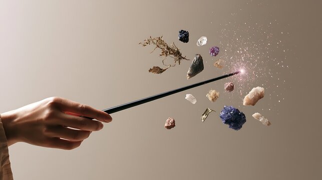hand holding magic wand with colorful flowers and sparks flying out