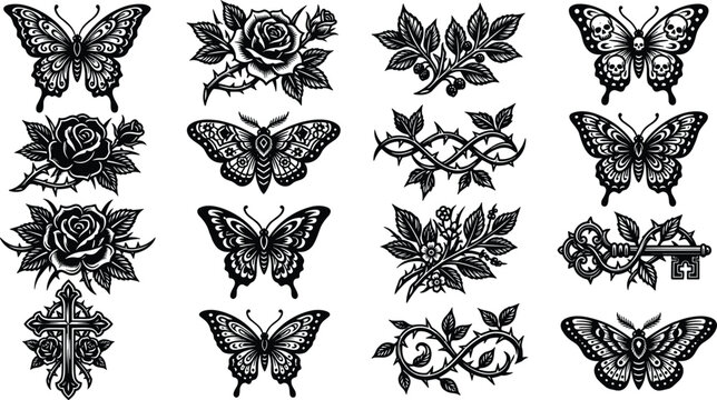 Intricate blackwork tattoo flash sheet featuring butterflies and roses in a grid layout