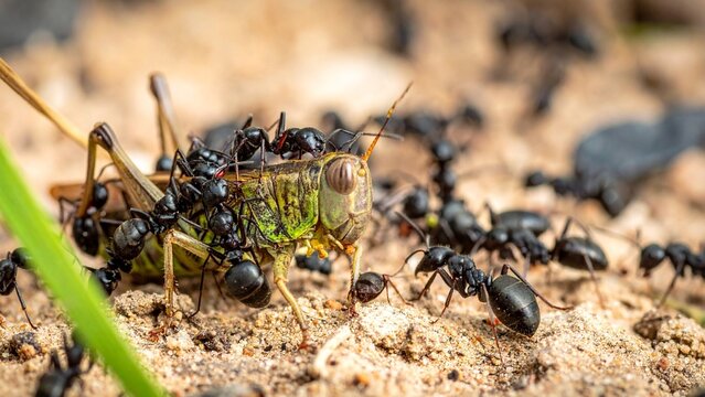 Dramatic macro photography of a colony of black ants overwhelming a large grasshopper by sheer force of numbers, nature survival 圧倒的な数の暴力と組織力で巨大なバッタを制圧する黒アリの群れのマクロ撮影