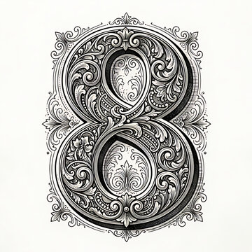 Ornate vintage style engraving of the number eight featuring elegant baroque filigree patterns