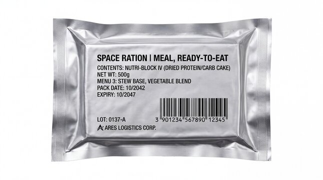 Silver vacuum sealed food pouch containing dried nutriblock rations for space travel printed with technical supply information data.