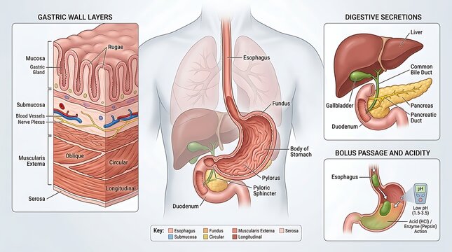 Human digestive system anatomy, gastric wall layers, and digestive secretions infographic