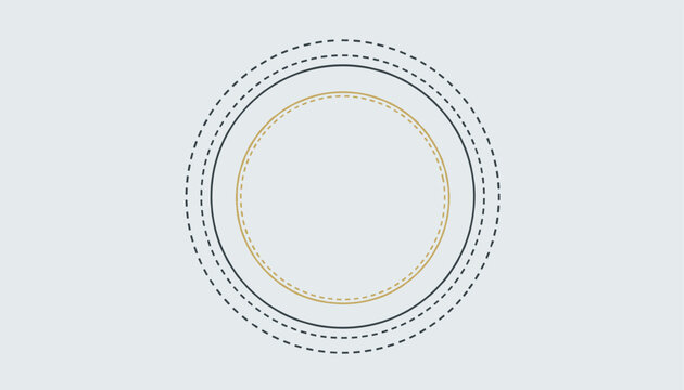 Abstract circular design featuring nested circles with dashed and solid lines in gold and dark grey on a light background.