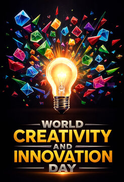 Bright light bulb with colorful geometric shapes exploding out for creativity and innovation concept design