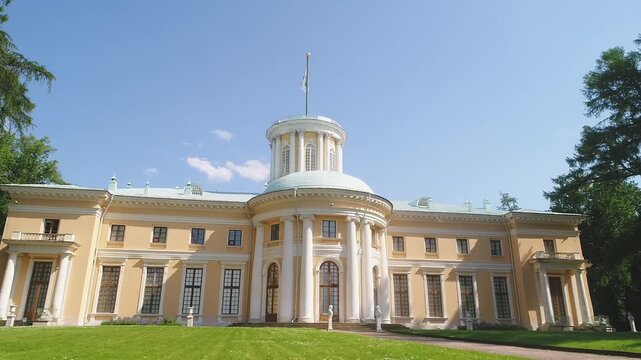 Drone low lateral flight by palace facade