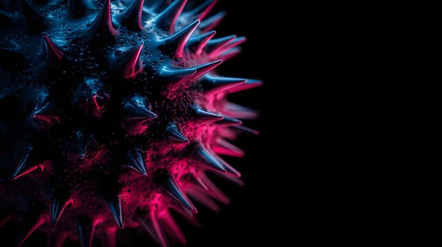 Close up of ferrofluid sphere with colorful spikes on black background with illuminated blue pink hues against dark backdrop macro photograph ferrofluid
