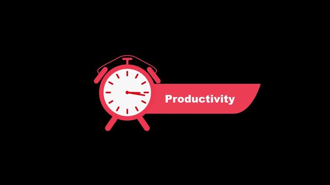 Red alarm clock with productivity text on black white black background