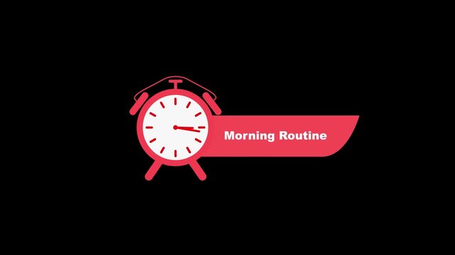 Red alarm clock with morning routine text on black white black background