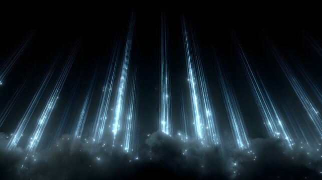 Glowing vertical light pillars rising from clouds in dark space with matrix vertical representation atmospheric environment background futuristic