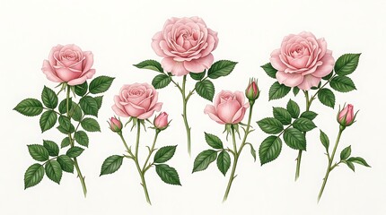 Naklejka premium Set of hand-drawn pink rose flowers, buds, and green leaves on a plain white background
