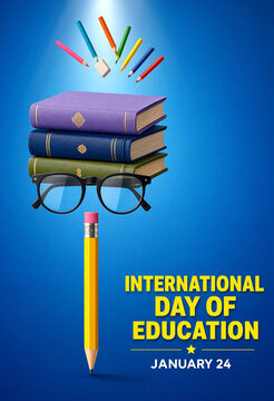Colorful educational poster celebrating international day of education with books pencils and glasses