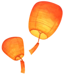 Watercolor painting of Mid Autumn Festival Sky Lantern. © Khaneeros