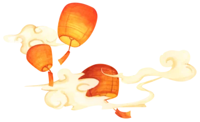 Watercolor painting of Mid Autumn Festival Sky Lantern. © Khaneeros